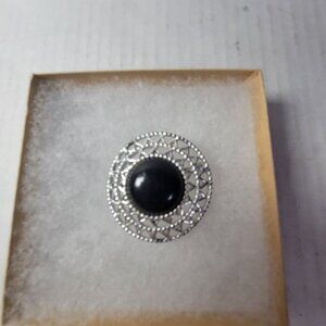 Vintage Sarah Coventry Silver Filigree Round Black Cabochon Center Pin  Brooch